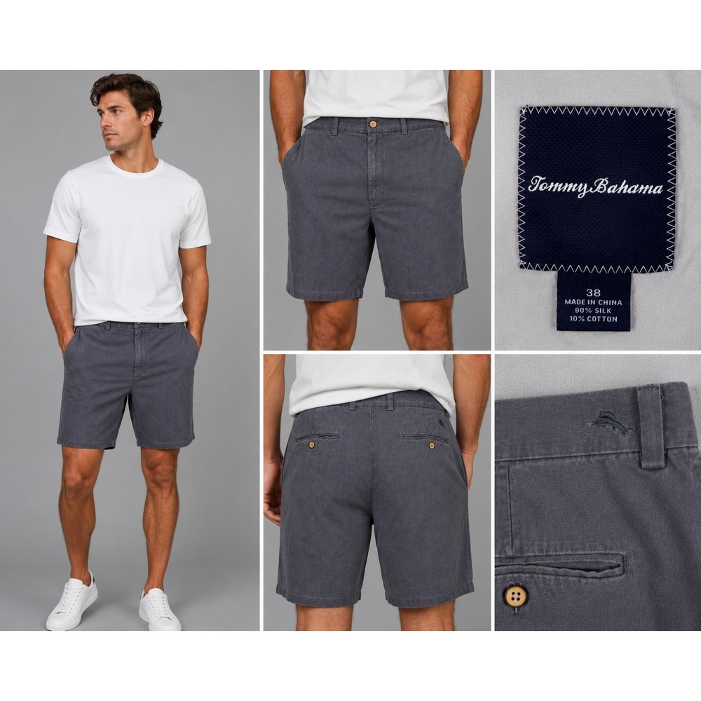 Tommy Bahama Shorts Mens 38 Grey Good Silk Cotton Flat Front Casual 10" Inseam